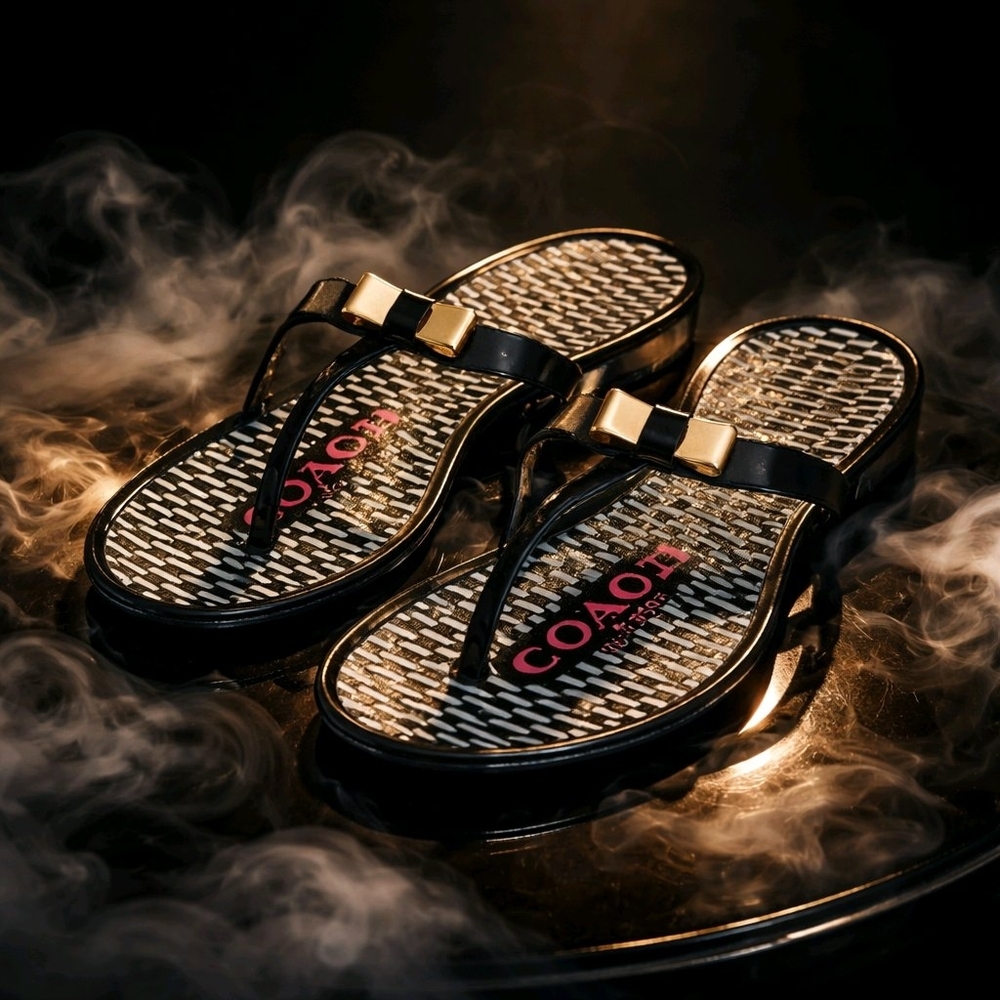 Coach Black and Gold Bow Thong Sandals